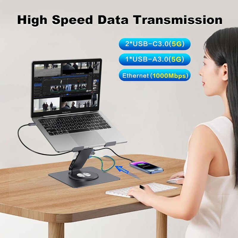 HC Laptop Docking Station for MacBook Pro/Air/Dell/HP/Surface 11-in-1 USB C Hub 360°Rotatable Laptop Stand with USB Hub 4K HDMI USB 3.0 PD100W 3.5mm Audio Jack RJ 45 TF/SD Reader Universal Laptop Dock - Image 4